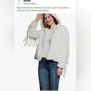 MGWDT Faux Fur Faux Leather Fringe Hooded Zip Jacket Coat Winter White Size L